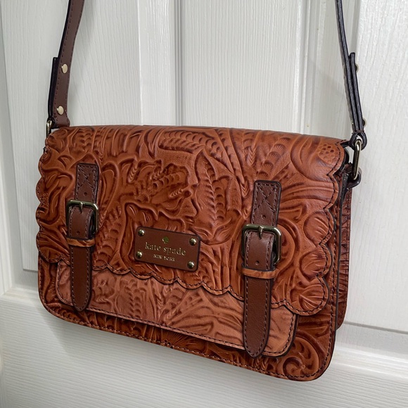{ Kate Spade Mini Messenger } Embossed Brown Santa Rosalia Scout Leather Bag - Picture 4 of 12